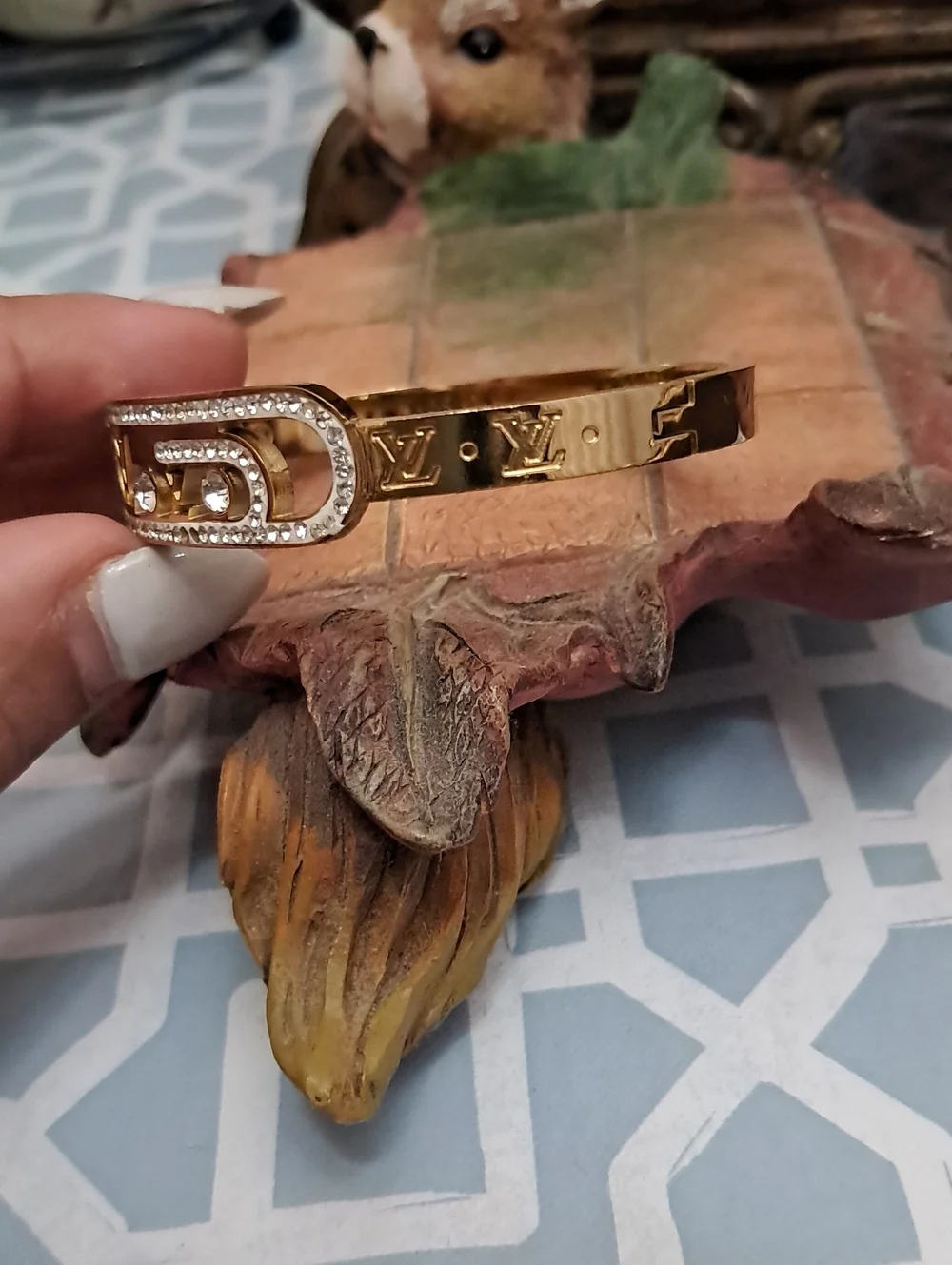 Fashion Jewelry Gold-Tone Crystal Logo Bangle with White Enamel